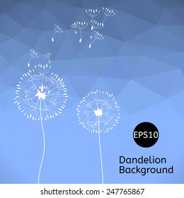 The illustration of two dandelions on a wind loses the integrity, blue polygonal background.