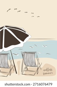  Illustration with two deck chairs and an umbrella on the ocean Hand-drawn illustration with a pleasant, light atmosphere. Can be used for postcards, packaging, prints, posters, and restaurant menus.