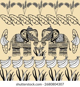 Illustration von zwei dekorativen Elefanten, die von Elefantenfutter umgeben sind: Bananenblätter, Banane, verschiedene Grasarten auf beigem Hintergrund. Geeignet für Stoffdrucke, Tapeten und Kreativprojekte.