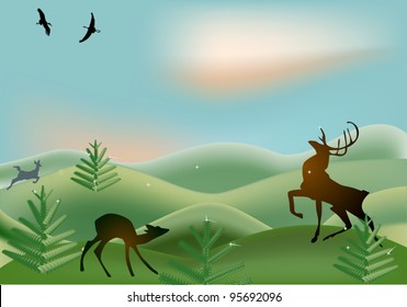 illustration with two deers between firs