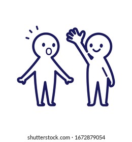 An illustration of two deformed simple humans who raise their hands and greet and those who noticed it