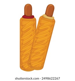 Illustration of two delicious cartoonstyle hot dogs with mustard and ketchup toppings