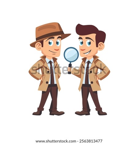 Illustration of two detectives with trench coats and a magnifying glass, symbolizing teamwork in solving mysteries and investigations