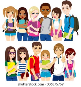 Illustration of two different group of diverse ethnic students together