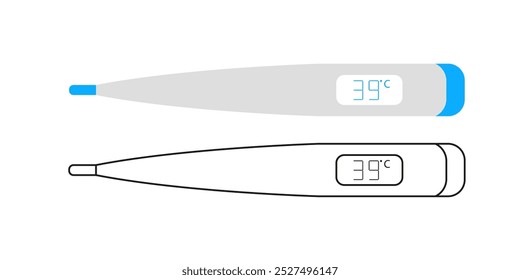 Illustration of two digital thermometers displaying a temperature reading of 39 degrees Celsius in a simple, modern design