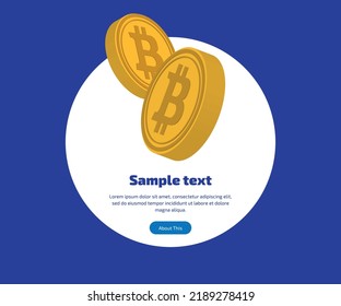 illustration of two digital virtual cryptocurrency bitcoin gold coins on a white circle on a dark blue background. Vector eps 10