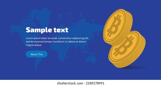 illustration of two digital virtual cryptocurrency bitcoin coins on blue background with world map. In the center there is a place for your text. Template for cover, flyer or banner. Vector eps 10