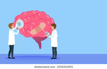 Illustration of two doctors evaluating a brain with a bandage using medical tools, symbolizing neuroscience, mental health, and neurological treatment.