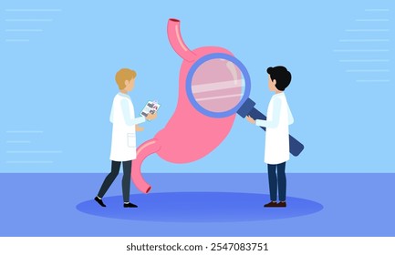 Illustration of two doctors examining a stomach model with a magnifying glass, symbolizing medical research, gastroenterology, and diagnosis.