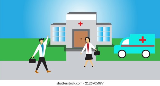 ilustración de dos médicos saludándose entre ellos frente a un hospital y una ambulancia