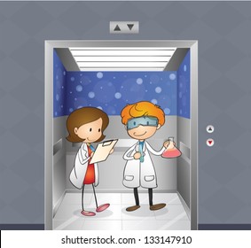 Illustration of the two doctors inside the elevator