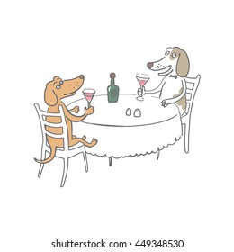 Illustration two dogs drinking in cafe