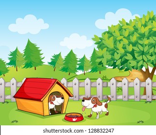 Illustration of two dogs inside the wooden fence