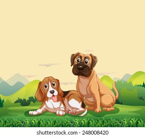 Illustration Of Two Dogs Sitting On The Lawn