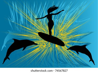 illustration with two dolphins and windsurfer