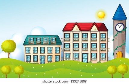 Illustration of the two dormitories across the hill