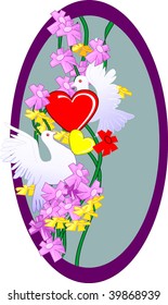 Illustration of two dove with flower and love symbols	