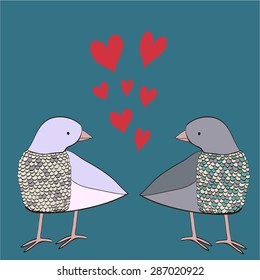 Illustration of two doves in love on blue background with red heart. Cartoon and cute hand drawn animals made in vector. Perfect design for cards, invitations, print.