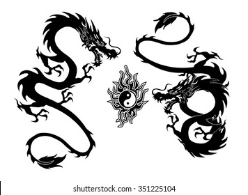 illustration of a two dragon and yin-yang symbol tattoo isolated on white background