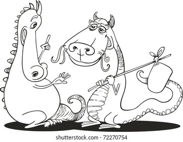 illustration of Two dragons for coloring book