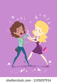 Illustration of Two Drunk Girls Fighting and Shouting with Broken Glasses