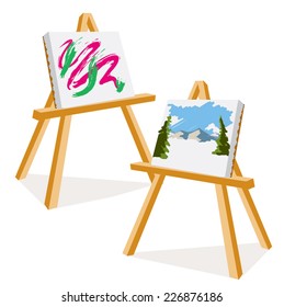 An Illustration of two easels with colorful paintings