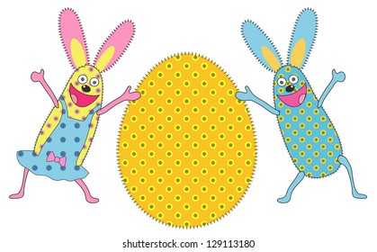illustration with two Easter  rabbits and egg