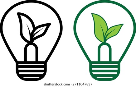 Illustration von zwei Öko-Themen-Glühbirnen-Symbole mit Blattgrafiken im Inneren. Ideal für grüne Energievisualisierung, Nachhaltigkeitsbranding und umweltbewusste Innovationskampagnen.
