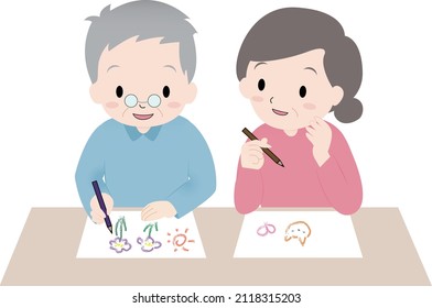 Illustration of two elderly people, an old man and an old woman, coloring and painting for recreation.