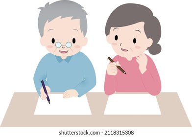 Illustration of two elderly people, an old man and an old woman, drawing something.