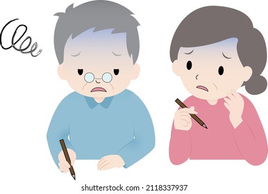 Illustration of two elderly people, an old man and an old woman, anxiously writing or thinking about something.