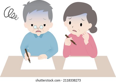 Illustration of two elderly people, an old man and an old woman, anxiously writing or thinking about something at their desk.