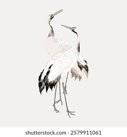 Illustration of two elegant cranes with detailed feathers. The cranes stand gracefully, showcasing their long necks and legs. Cranes in harmony, cranes in art. Vintage bird illustration vector.