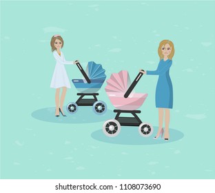 illustration of two elegant women are walking with their children. Pink and blue strollers. Flat design. As banner, poster, tag, icon,