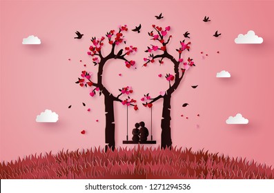 
illustration of two enamored under a love tree, paper art 3d form digital craft.