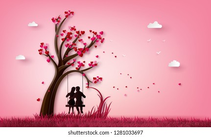 illustration of two enamored under a love tree, paper art 3d from digital craft.