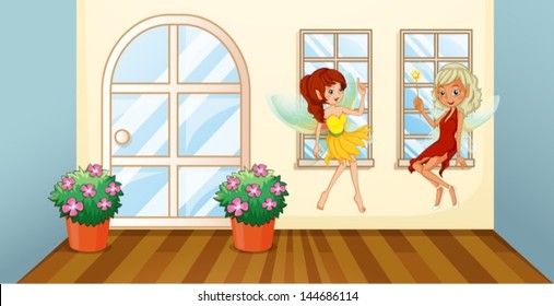 Illustration of the two fairies sitting at the window