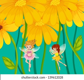 Illustration of the two fairies under the flowers