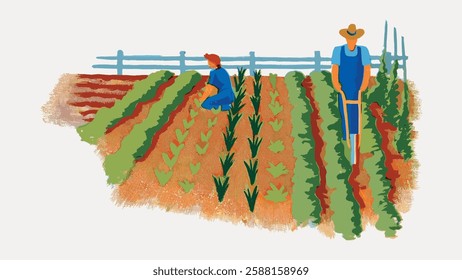 Illustration of two farmers tending to crops in a field. One farmer kneels, the other stands with a hoe. Rows of plants, fence, and earthy tones are visible. Vintage art illustration, vector.