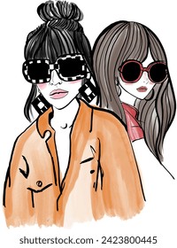 ilustración de dos mujeres de moda ideal para la impresión de camisetas o el contenido editorial. Son dos mujeres elegantes con accesorios y peinados de moda.