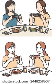 Illustration of two female taking photos of food