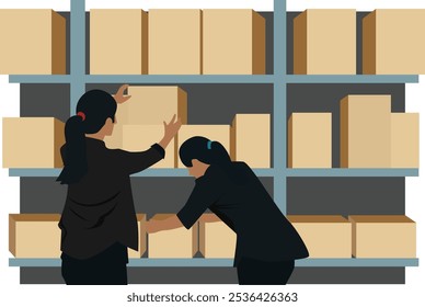 Ilustración de dos trabajadoras organizando cajas en un estante en un almacén. Ilustración plana de Vector