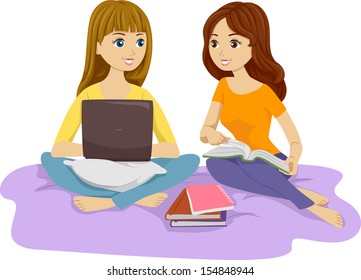 Illustration of Two Females Studying in Bed Together