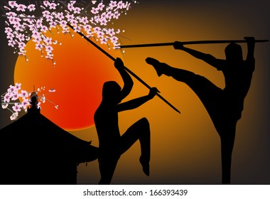 ilustración con dos combatientes y ramas de árboles