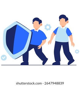 Illustration of two figures holding a large shield, highlighting themes of teamwork, safety, and digital protection