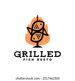 Illustration von zwei Fischen mit einer Brandform dahinter. gut für gegrilltes Fischrestaurant.
