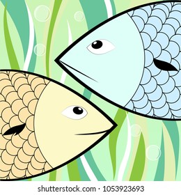 Illustration two fish on background of seaweed