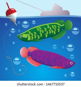 Illustration of two fish underwater hook with fishing line and float above the water silhouette of a boat and fisherman. Vector illustration design element cover, background. eps 10