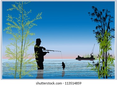 illustration with two fisherman in water