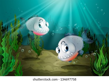 Illustration of the two fishes with sharp teeth under the sea